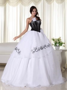 White Ball Gown Strapless Floor-length OrganzaEmbroidery Quinceanera Dress