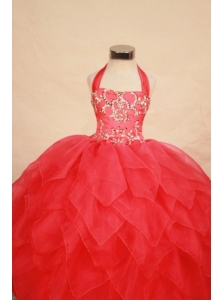 Beading Modest Halter Ball gown Floor-length Red Little Girl Pageant Dresses
