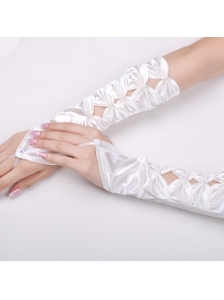 Unique Satin Fingerless Elbow Length Bridal Gloves With Butterfly-Shaped Flowers