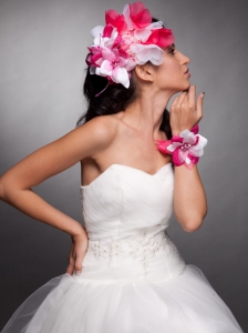 Red and White Organza Hand Made Flowers Beaded Headpieces and Wedding Wrist Corsage
