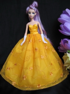 Embroidery Taffeta And Organza Yellow Ball Gown Quinceanera Doll Dress