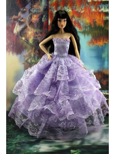 Gorgeous Lilac Gown With Ruffled Layers Lace For Quinceanera Doll