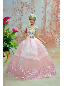 Luxurious Baby Pink Appliques With Floor-length Wedding Dress For Quinceanera Doll