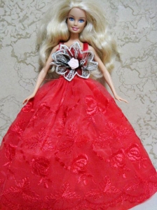 Red Embroidery Dress Handmade Gown For Quinceanera Doll