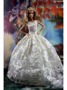Romantic White Gown With Embroidery Dress For Quinceanera Doll
