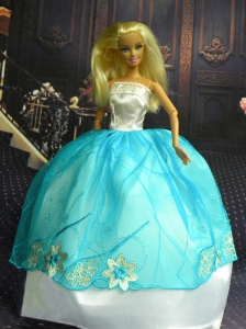 White And Blue Ball Gown Appliques Made To Fit The Quinceanera Doll