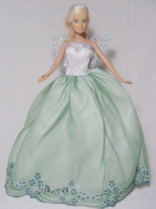 Apple Green And White Gown With Embroidery For Quinceanera Doll