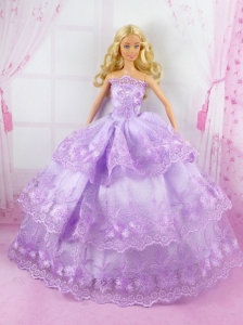 Beautiful Lilac Gown With Lace Dress For Quinceanera Doll