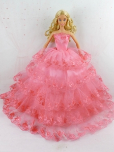 Elegant Handmade Gown With Ruffled Layers And Embroidery Made To Fit The Quinceanera Doll