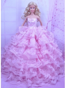Exclusive Pink Gown With Ruffled Layers Dress For Quinceanera Doll