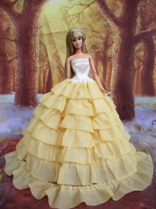Light Yellow And Ruffled Layers For Quinceanera Doll Dress