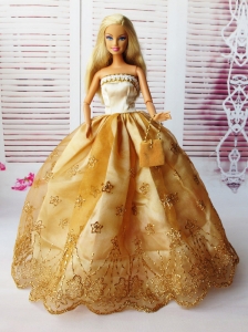 Lovely Ball Gown Handmade Gold Appliques Quinceanera Doll Dress
