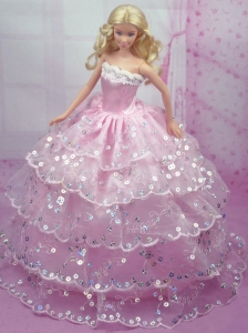 Luxurious Pink Gown With Sequins And Embroidery Made To Fit The Quinceanera Doll