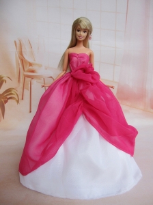 Pretty Ball Gown Dress For Quinceanera Doll With Hot Pink And Hand Made Flowers