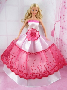 Romantic Pink And Red Princess Dress With Flower Made To Fit The Quinceanera Doll