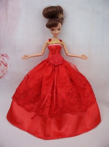 The Most Amazing Red Dress With Sash And Lace Wedding Dress For Quinceanera Doll