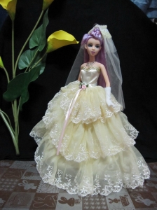 Embroidery Decorate Ball Gown Light Yellow Quinceanera Doll Dress