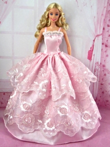 Pretty Pink Party Clothes Lace Fashion Dress For Quinceanera Doll