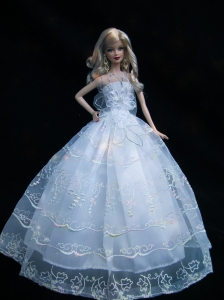 Romantic Baby Blue Strapless Lace Fashion Wedding Dress For Quinceanera Doll