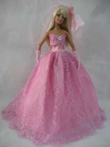 Romantic Rose Pink Strapless Lace Wedding Dress For Quinceanera Doll