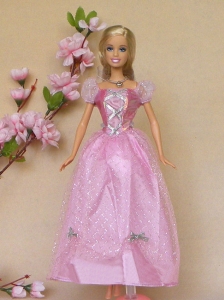 Sweet Rose Pink Short Sleeves Handmade Party Clothes Fashion Dress For Quinceanera Doll