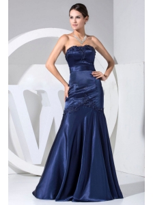 Appliques With Beading Decorate Bodice Navy Blue Floor-length Strapless Prom Dress 2013