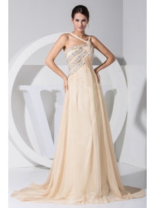 Asymmetrical Beading Decorate Bodice Champagne Chiffon Brush Train Prom Dress For 2013
