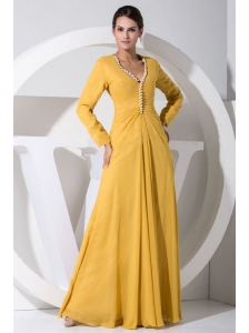 Beading Decorate Bodice Gold Chiffon Floor-length Long Sleeves Mother Of The Bride Dress For 2013