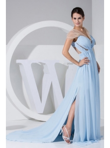 High Slit Light Blue Chiffon Brush Train Prom Dress For 2013 Ruching V-neck
