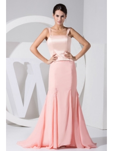 Light Pink Straps Mermaid Taffeta and Chiffon Brush Train 2013 Prom Dress