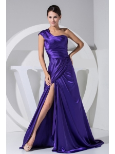One Shoulder High Slit Purple Taffeta Brush Train 2013 Prom Dress