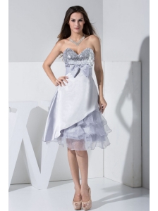 Sequin Bowknot Ruffled Decorate Bodice Sweetheart Neckline Grey Tea-length Prom Dress