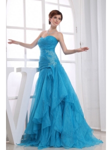 A-Line Floor-length Ruched Organza Sweetheart Prom Dress Blue