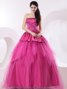 A-line Hot Pink Quinceanea Dress With Beading and Floor-length