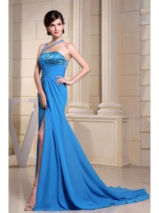 Asymmetrical Neckline and Beading For Prom Dress With High Slit