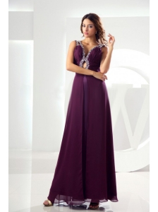 Beading Empire Chiffon Prom Dress V-neck Ankle-length Purple