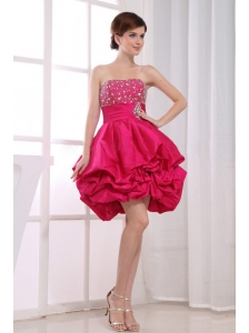 Beading Mini-length A-Line Strapless Taffeta Prom Dress Hot Pink