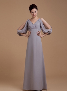 Grey Mother Of The Bride Dress With V-neck 3/4 Length Sleeves Floor-length