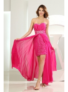 High Slit Empire Chiffon Beading Floor-length Sweetheart Prom Dress Hot Pink