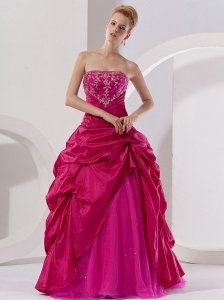 Hot Pink Taffeta Embroidery A-line Floor-length Strapless Quinceanera Dress