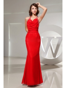 Mermaid Beading Halter Chiffon Floor-length Prom Dress Red