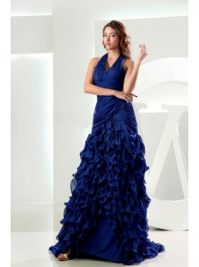 Mermaid Halter Brush / Sweep Royal Blue Ruffles Organza Prom Dress