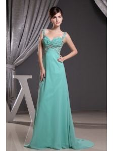 Straps Prom Dress With Beadng Ruch Brush Train and Turquoise
