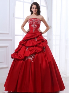 Wine Red Appliques and Pick-ups Quinceanera Dress With Floor-length Taffeta In 2013