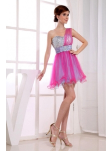 A-Line One Shoulder Hot Pink Organza Mini-length Beading Prom Dress