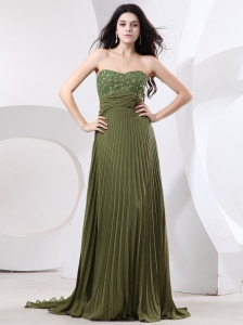 Beaded Decorate Bust and Pleat For Prom Dress With Brush Train and Olive Green