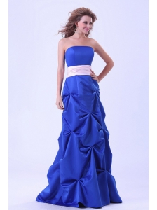Blue Custom Made Bridemaid Dress Wth Pink Sash and Pick-ups Floor-length