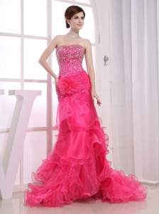 Mermaid Strapless Brush / Sweep Beading Organza Prom Dress Hot Pink