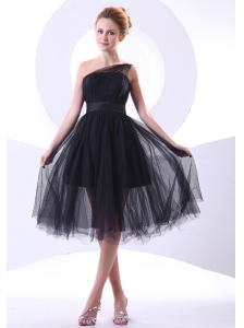 One Shoulder Black Tulle A-line Knee-length 2013 Prom Dress