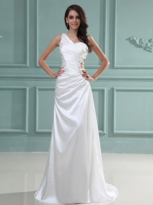 One Shoulder Wedding Dress With Brush Train Beaded For Custom Made